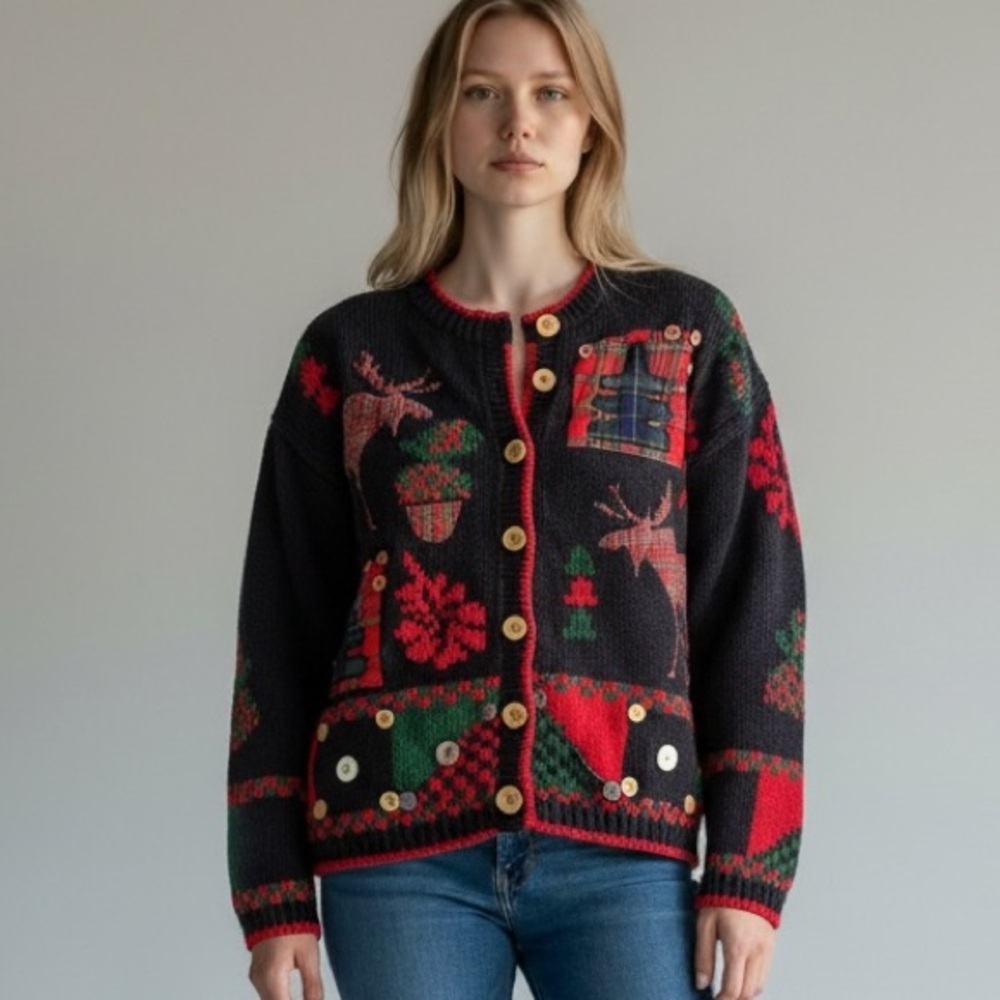 Vintage Bridgewater Women's Festive Navy and Red Sweater Cardigan